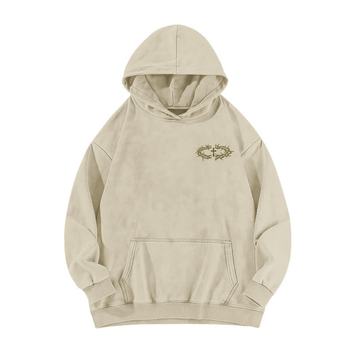 Christianartworkshop Beige gewaschener Hoodie mit Dornenkronen-Kreuz-Grafik - image 2