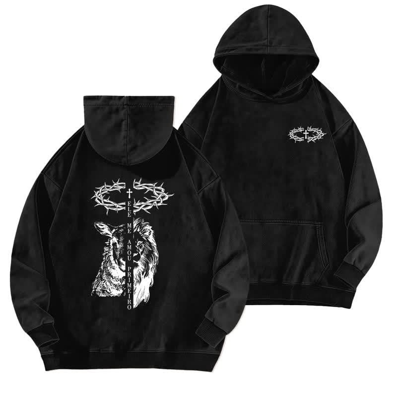 Christianartworkshop Beige gewaschener Hoodie mit Dornenkronen-Kreuz-Grafik - Schwarz - 5XL - image 3