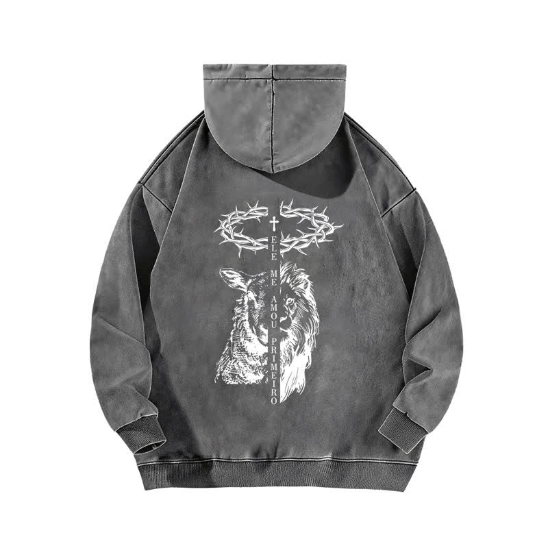 Christianartworkshop Beige gewaschener Hoodie mit Dornenkronen-Kreuz-Grafik - image 7
