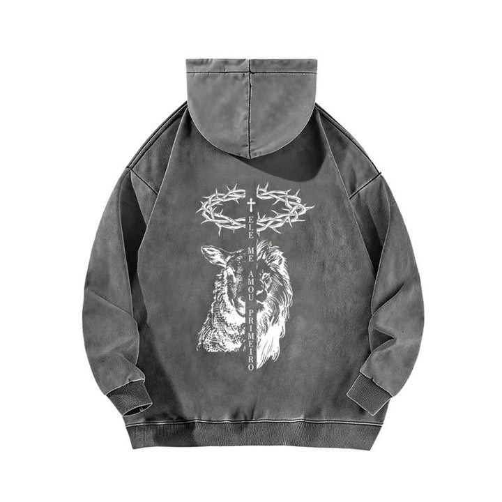 Christianartworkshop Beige gewaschener Hoodie mit Dornenkronen-Kreuz-Grafik - image 7