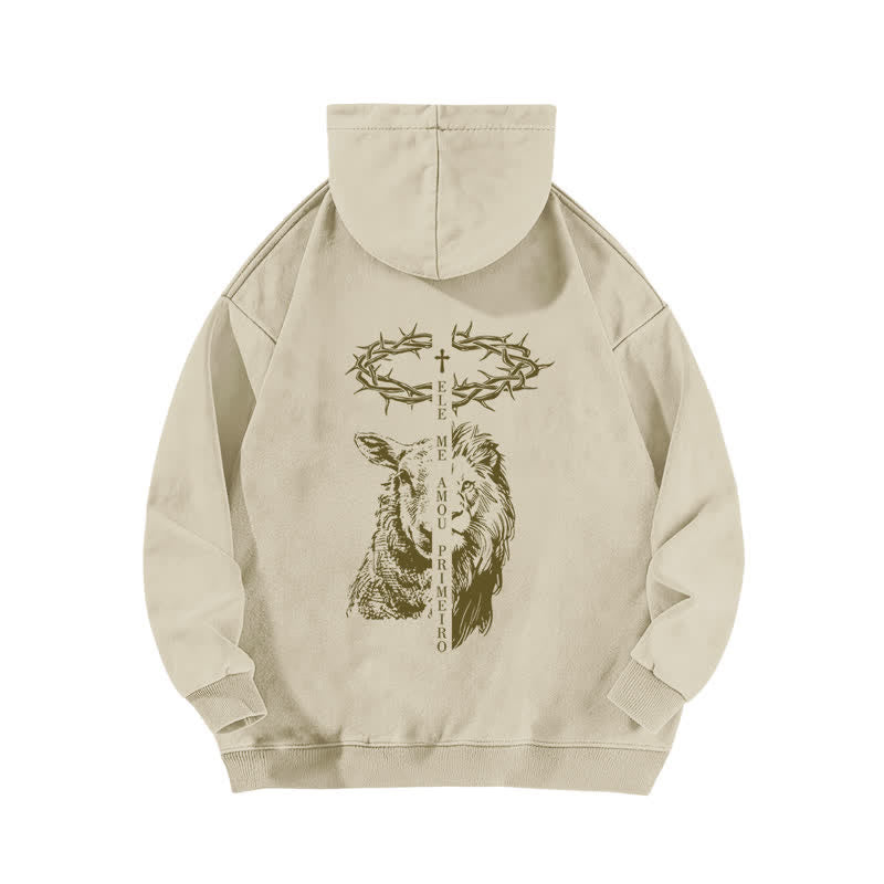 Christianartworkshop Beige gewaschener Hoodie mit Dornenkronen-Kreuz-Grafik - image 1