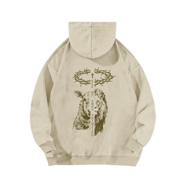 Christianartworkshop Beige gewaschener Hoodie mit Dornenkronen-Kreuz-Grafik - image 1
