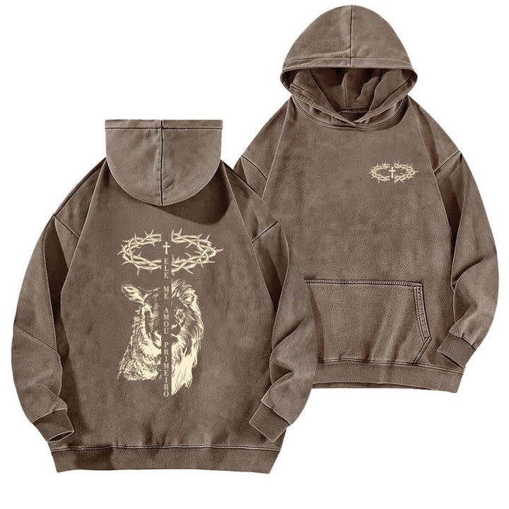 Christianartworkshop Beige gewaschener Hoodie mit Dornenkronen-Kreuz-Grafik - Kaffee - 5XL - image 12