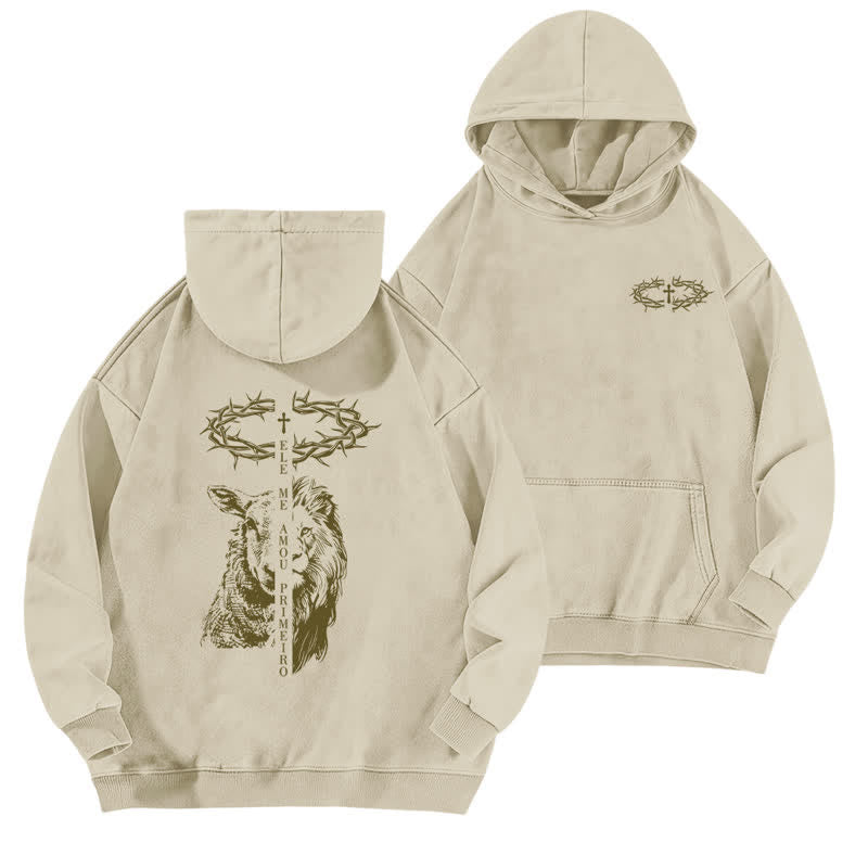 Christianartworkshop Beige gewaschener Hoodie mit Dornenkronen-Kreuz-Grafik - Aprikose - 5XL - image 0