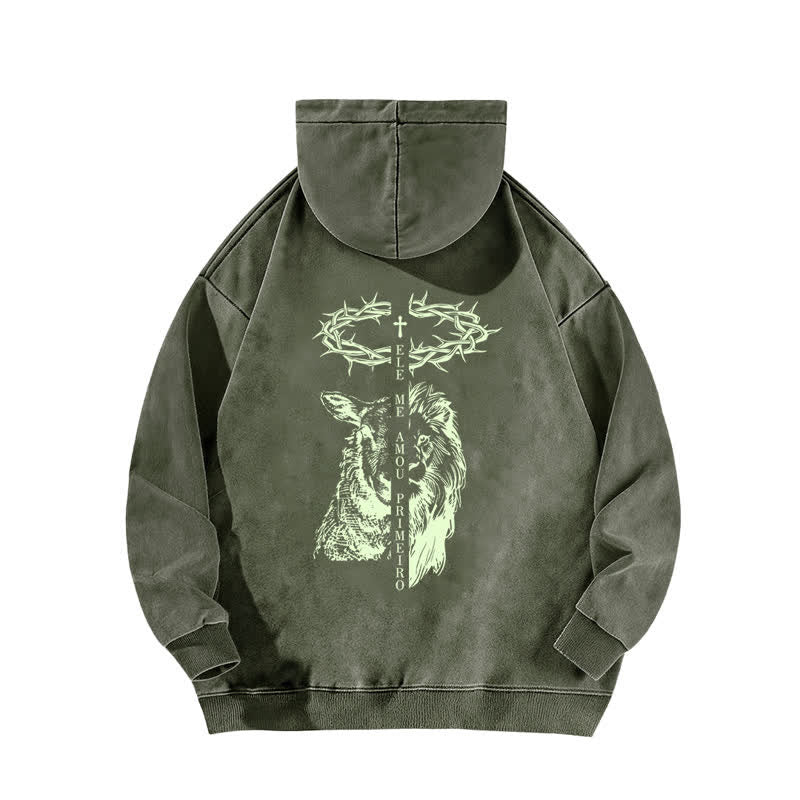Christianartworkshop Beige gewaschener Hoodie mit Dornenkronen-Kreuz-Grafik - image 10