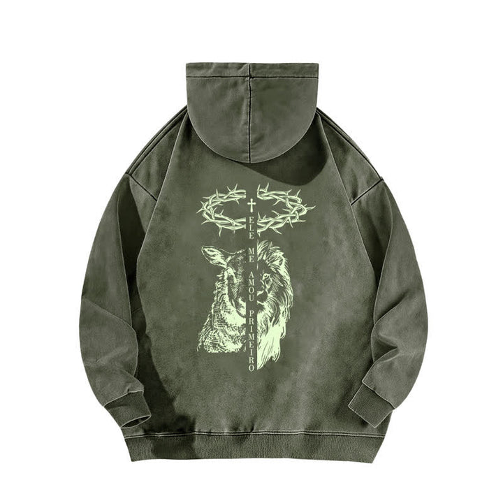 Christianartworkshop Beige gewaschener Hoodie mit Dornenkronen-Kreuz-Grafik - image 10