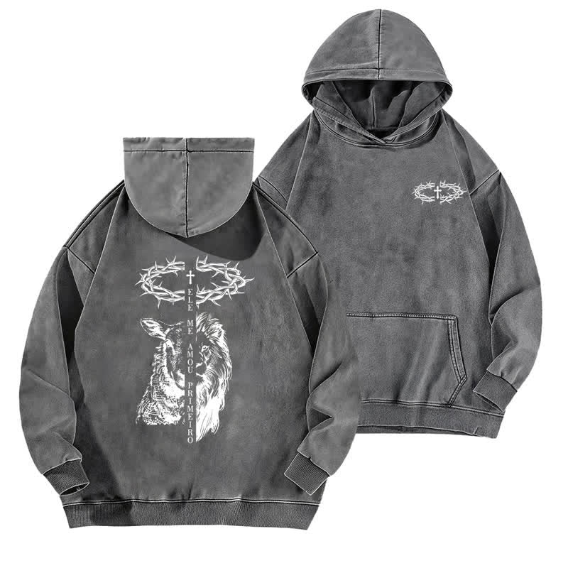 Christianartworkshop Beige gewaschener Hoodie mit Dornenkronen-Kreuz-Grafik - Grau - 5XL - image 6