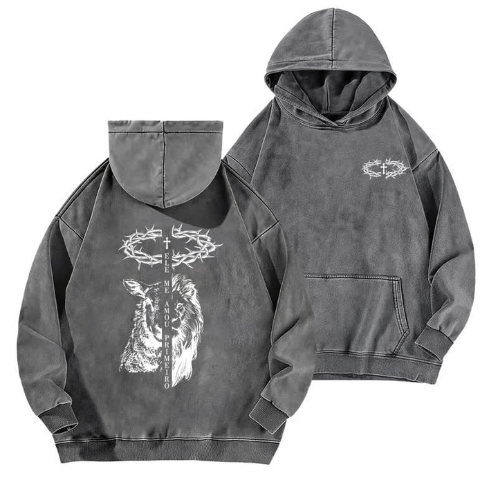 Christianartworkshop Beige gewaschener Hoodie mit Dornenkronen-Kreuz-Grafik - Grau - 5XL - image 6