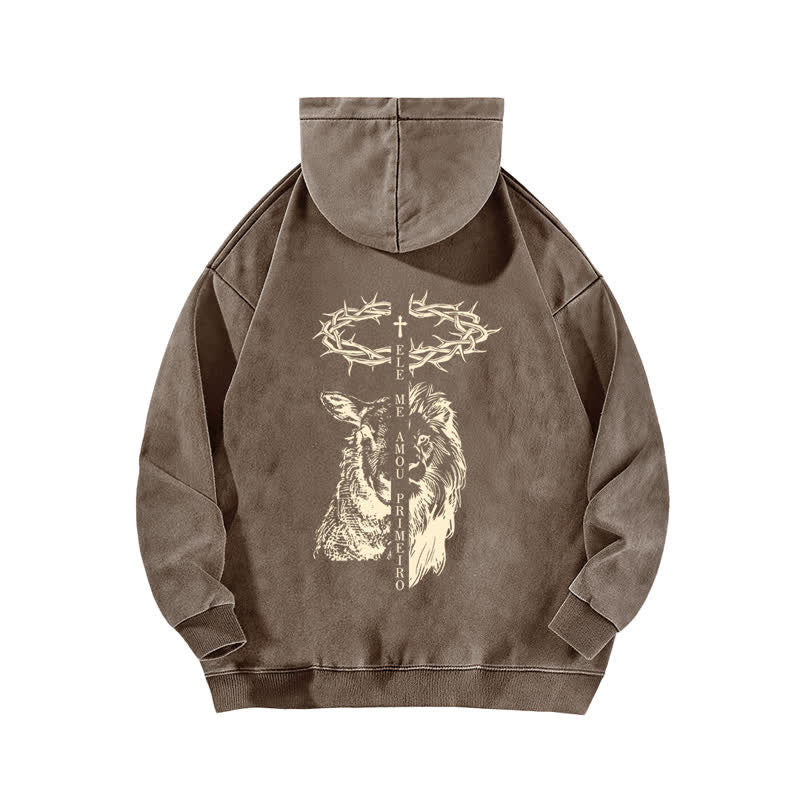 Christianartworkshop Beige gewaschener Hoodie mit Dornenkronen-Kreuz-Grafik - image 13