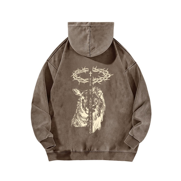 Christianartworkshop Beige gewaschener Hoodie mit Dornenkronen-Kreuz-Grafik - image 13