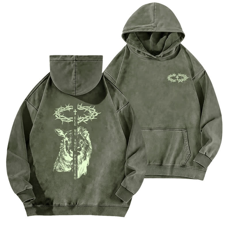 Christianartworkshop Beige gewaschener Hoodie mit Dornenkronen-Kreuz-Grafik - Armeegrün - 5XL - image 9