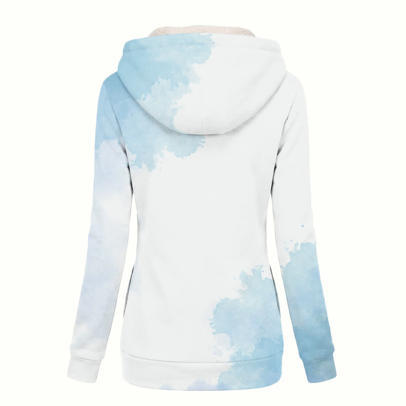 Christianartworkshop Blauer, aquarellfarbener Damen-Fleecemantel mit Kapuze, Sherpa-Futter und Reißverschluss - image 1