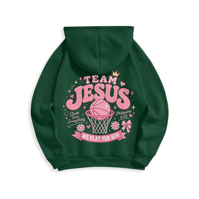 Christianartworkshop Team Jesus Basketball Streetwear Fleecegefütterter dunkelgrüner Hoodie - image 1