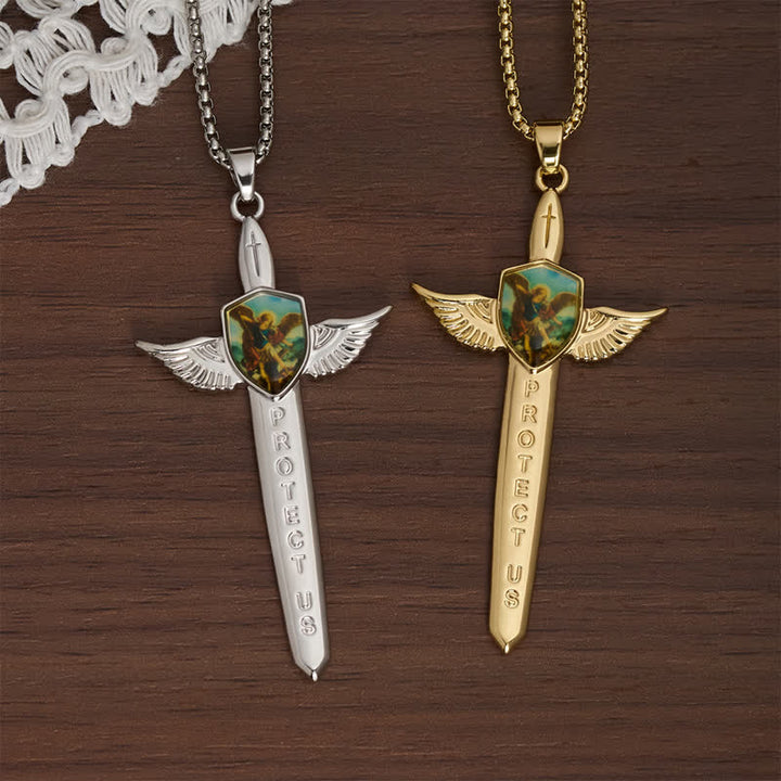 Christianartworkshop Erhebende doppelseitige Halskette mit St. Michael Flügelschwert und Kreuz - image 1