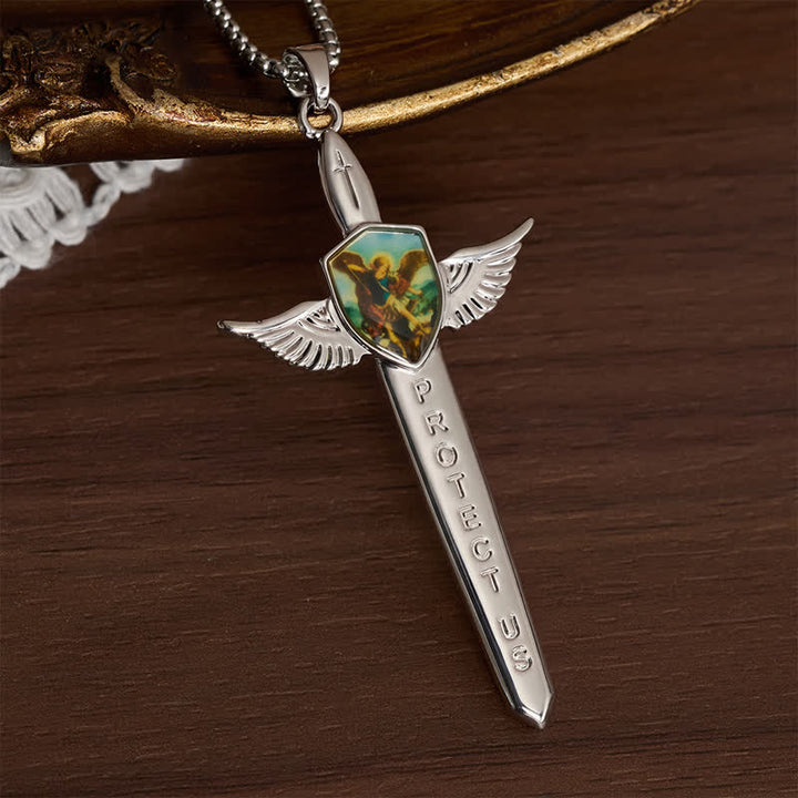 Christianartworkshop Erhebende doppelseitige Halskette mit St. Michael Flügelschwert und Kreuz - Silber - image 7