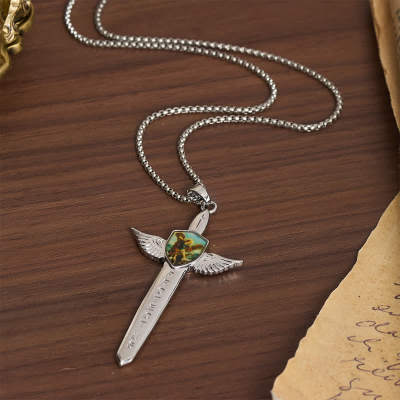 Christianartworkshop Erhebende doppelseitige Halskette mit St. Michael Flügelschwert und Kreuz - image 9