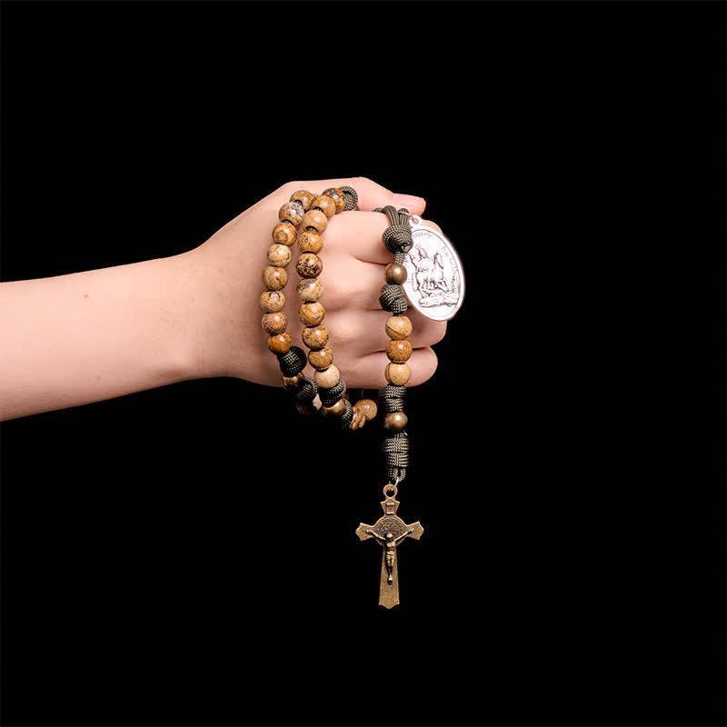 Christianartworkshop Rosenkranz aus Paracord mit erdigem Bildstein, St.-Georgs-Medaille und antikem Kruzifix - Rosenkranz mit St.-Georgs- und St.-Christophorus-Medaille - image 0