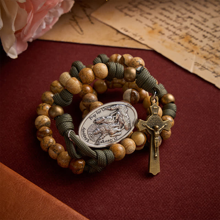 Christianartworkshop Rosenkranz aus Paracord mit erdigem Bildstein, St.-Georgs-Medaille und antikem Kruzifix - image 5