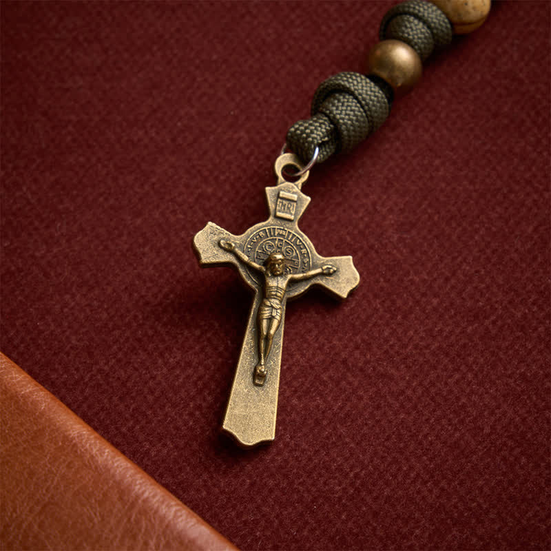 Christianartworkshop Rosenkranz aus Paracord mit erdigem Bildstein, St.-Georgs-Medaille und antikem Kruzifix - image 7