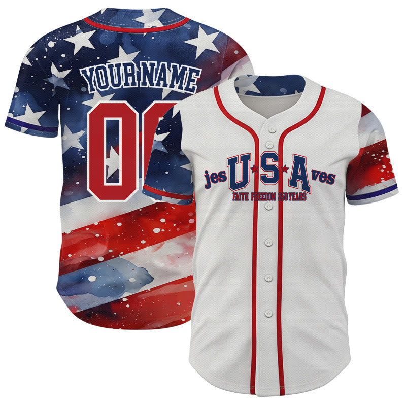 Personalisiertes Baseballtrikot „Jesus rettet die USA“ von Christianartworkshop – Patriotisches Baseballtrikot mit Glaubens- und Freiheit - 5XL - Name & Nummer angepasst - image 0