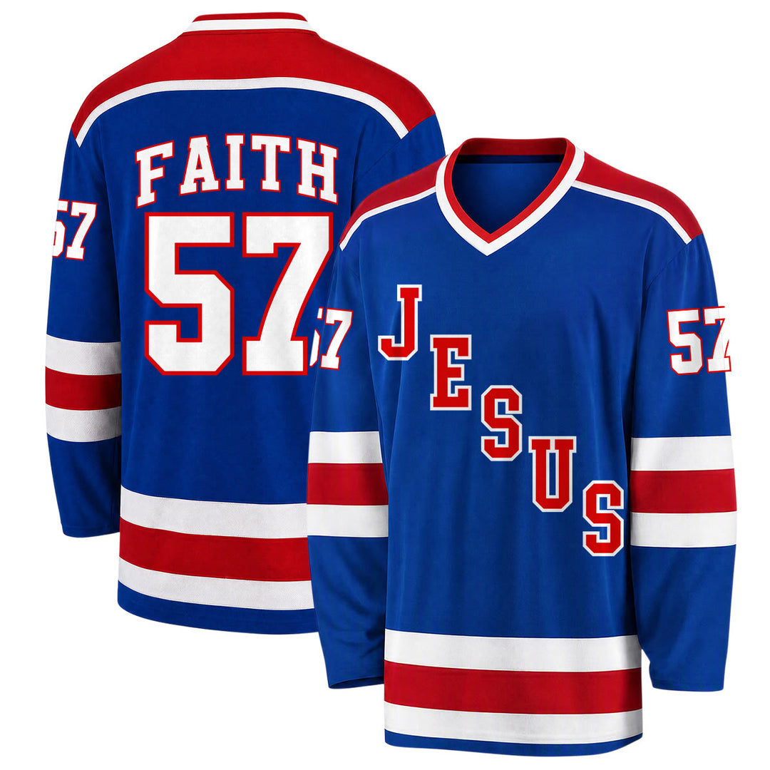 Christianartworkshop Jesus Faith 57 Blau gestreiftes Langarm-Hockeytrikot - 5XL - image 0