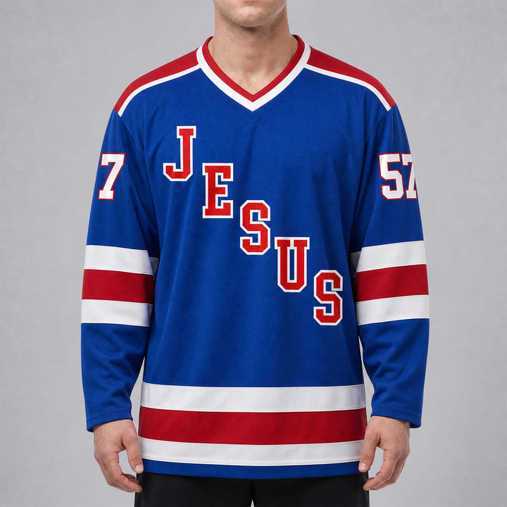 Christianartworkshop Jesus Faith 57 Blau gestreiftes Langarm-Hockeytrikot - image 1